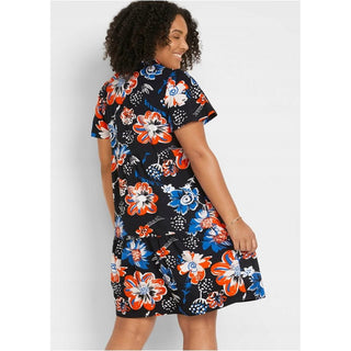 bonprix Black Floral A-Line Dress with Peter Pan Collar