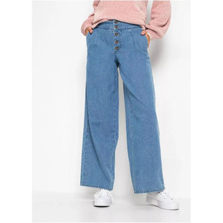 Rainbow Blue Bleached Wide Leg Organic Cotton Jeans-Jeans-Rainbow-12-32in-Blue-Miss Bella